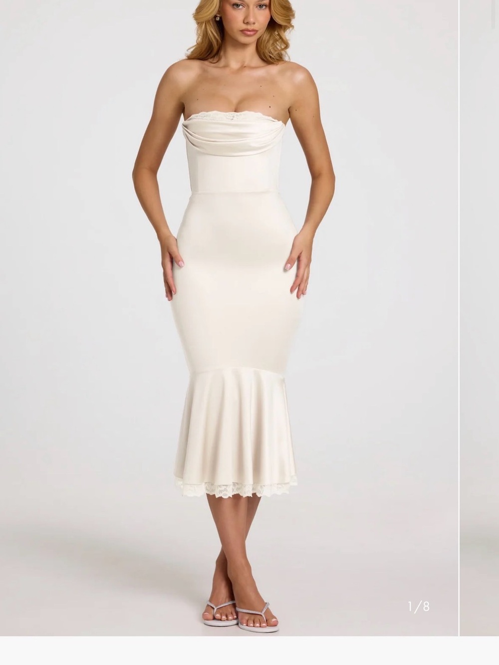 Belsa Satin Lace-Trim Bandeau Fluted Midaxi Dress in White